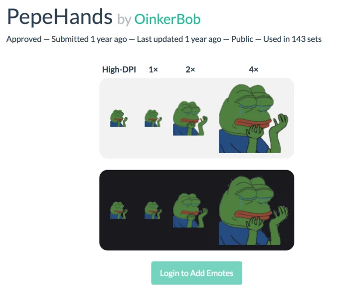 FrankerFaceZ emote library page showing PepeHands emote at different sizes
