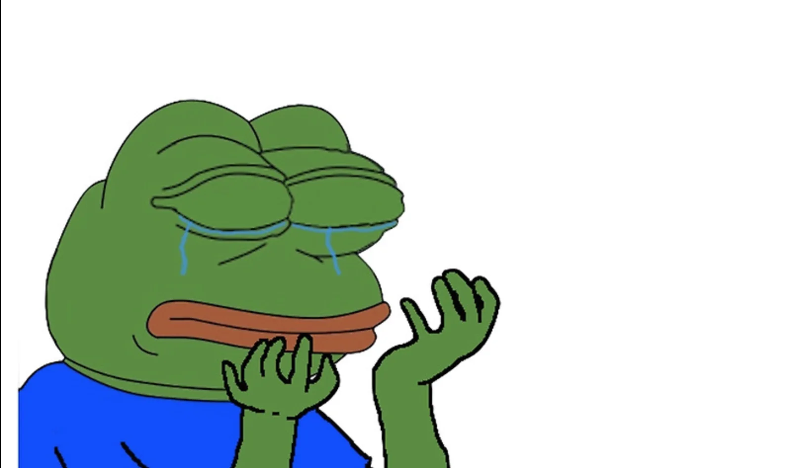 Crying Pepe the Frog with tears, raised hand, and blue shirt - the PepeHands emote
