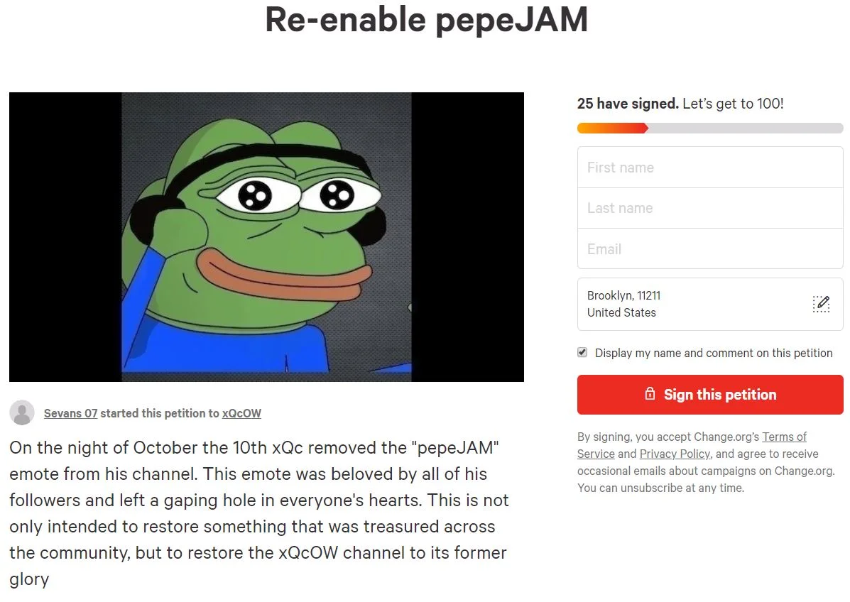 Change.org petition screenshot titled Re-enable pepeJAM