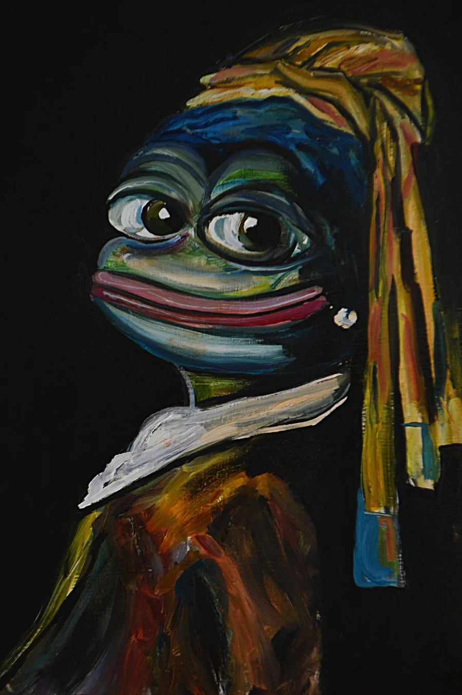 Pepelangelo — An oil painting of Pepe frog rendered in classical fine art style with rich color palette and visible brushwork against a dark background.