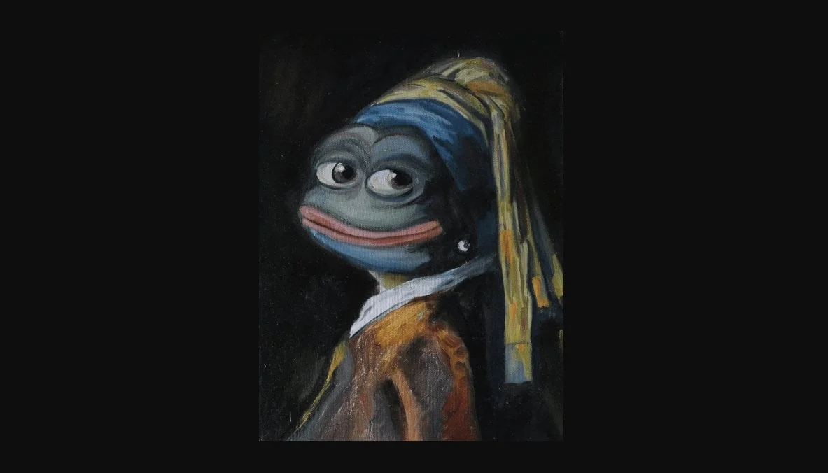 Pepelangelo — An oil painting of Pepe frog as a classical art subject wearing a pearl earring, styled after Vermeer's Girl with a Pearl Earring.