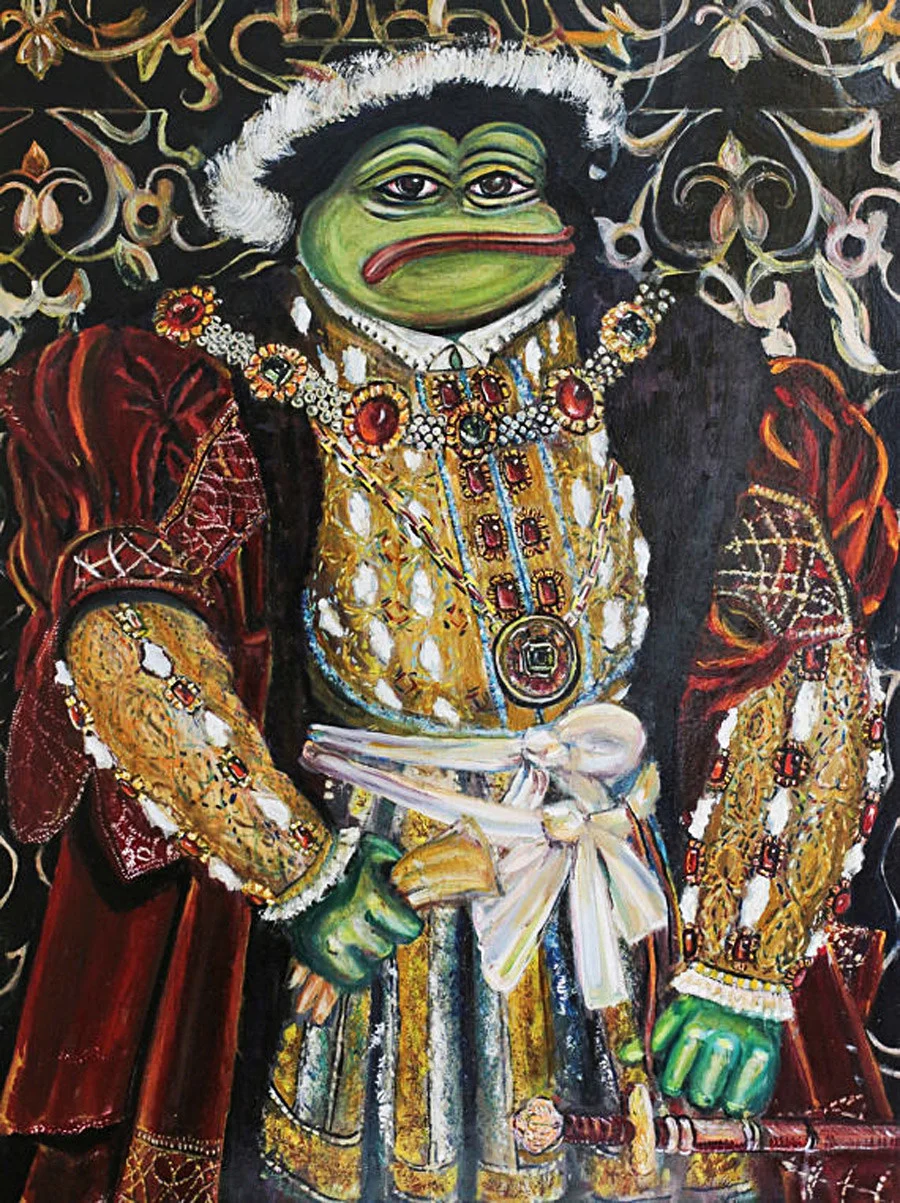 A Pepelangelo masterwork oil painting of Pepe as a Renaissance nobleman wearing elaborate royal garments, golden chains, and jeweled ornaments.