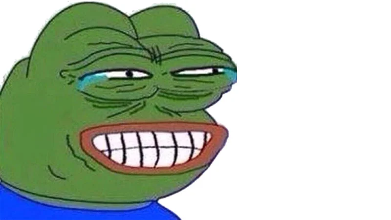 PepeLaugh emote featuring Pepe the Frog laughing with a big toothy smile and tears in eyes