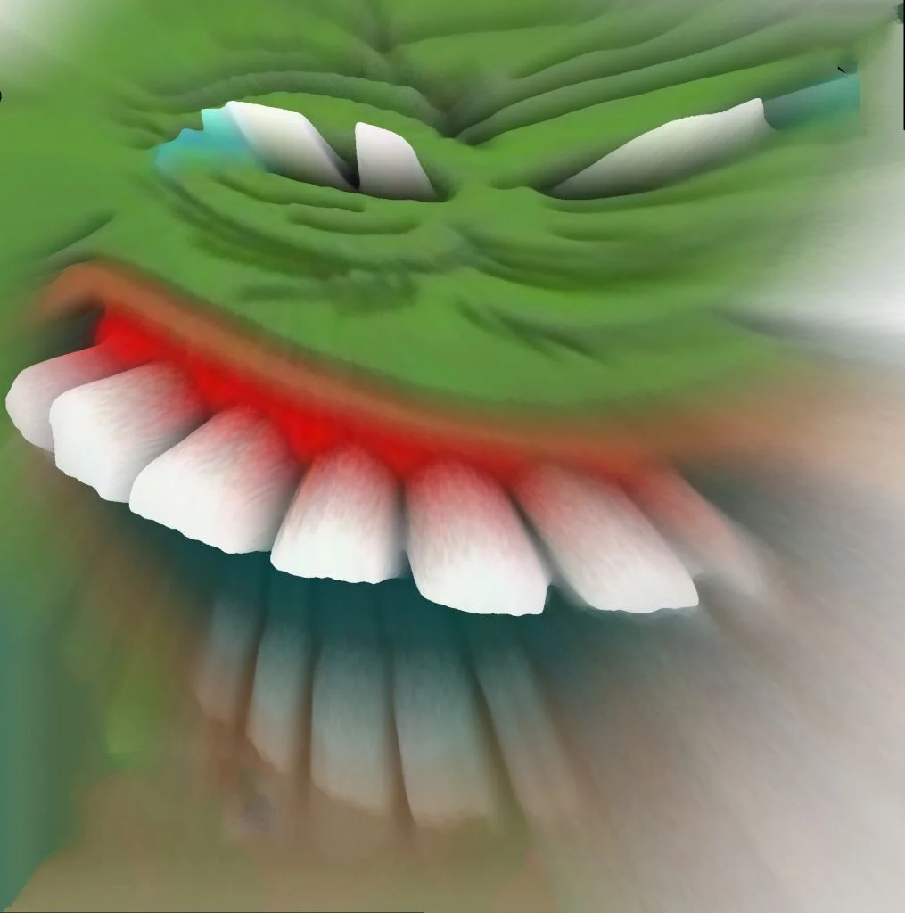 Hyper-realistic 3D rendered PepeLaugh with detailed texture and exaggerated features