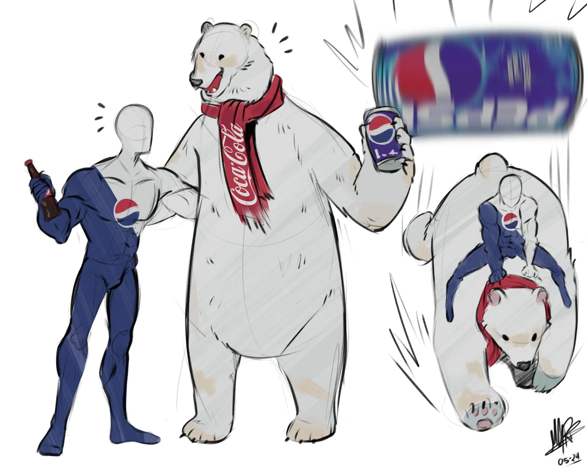 Fan art sketch of Pepsiman with the Coca-Cola polar bear