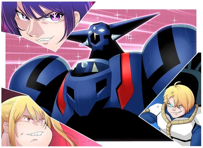 Perfect And Ultimate Getter — A manga-style multi-panel composition featuring anime characters and a large dark Getter Robo mech dominating the center against
