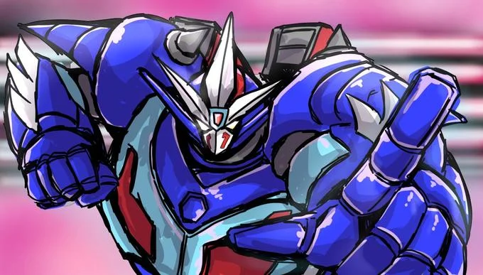 Perfect And Ultimate Getter — A vibrant colored illustration of Neo Getter Robo in bold blue, red, and silver tones against a pink gradient background with