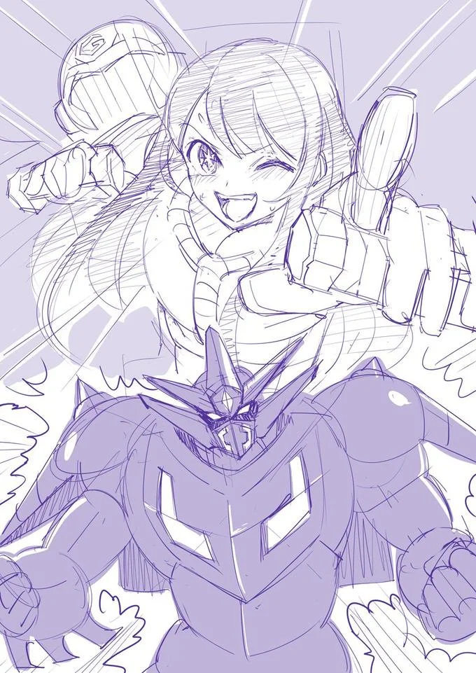 Perfect And Ultimate Getter — A purple-tinted monochrome sketch of a cheerful long-haired anime girl leaping forward in front of a Getter Robo-style mech with