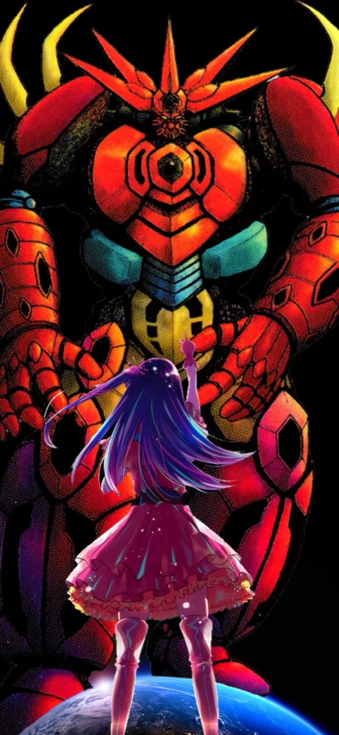 Perfect And Ultimate Getter — A dramatic vertical illustration of a purple-haired anime girl on Earth's surface gazing up at a massive red Shin Getter Robo