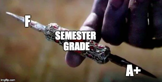 Perfectly Balanced — A single-panel variant showing Thanos's hand holding a dagger with 'F' and 'A+' on the tips and 'SEMESTER GRADE' in the center.