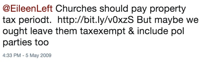 An archived Twitter post from May 2009 using 'periodt' to punctuate a statement about church property taxes with emphatic finality.