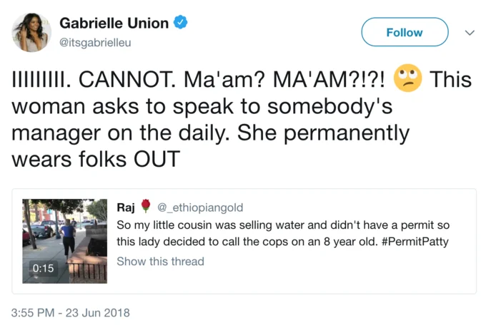 Twitter screenshot of Gabrielle Union reacting to the Permit Patty video.