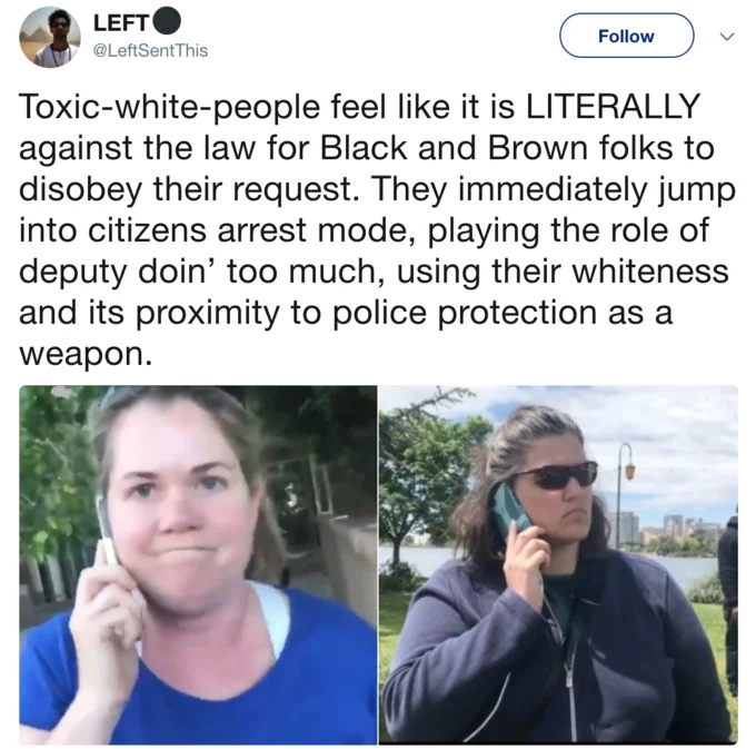 Tweet comparing Permit Patty and BBQ Becky with commentary about white people calling police.