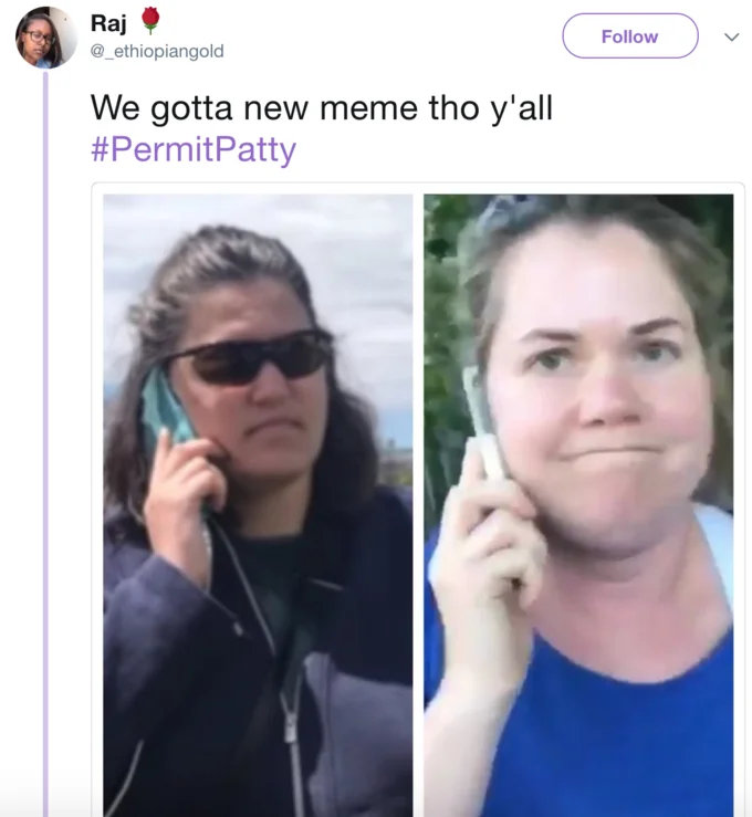 Tweet by @_ethiopiangold coining the Permit Patty meme alongside BBQ Becky.