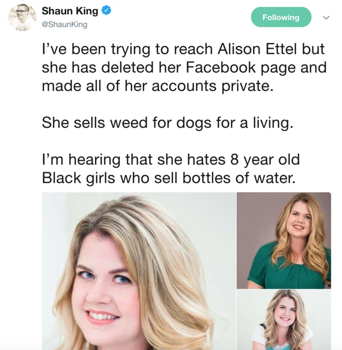 Permit Patty — Shaun King tweet with misidentified photos presented as Alison Ettel.
