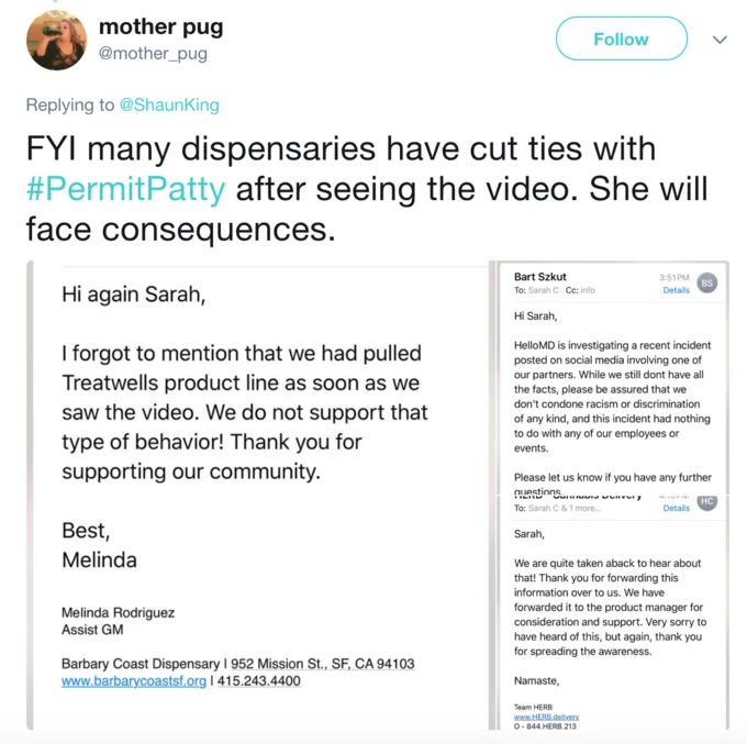 Permit Patty — Tweet showing dispensary emails confirming they dropped Alison Ettel's Treatwell cannabis product.