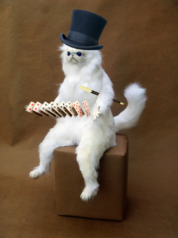 Persian Cat Room Guardian — Persian cat sculpture dressed as a magician with a top hat, wand, and playing cards.