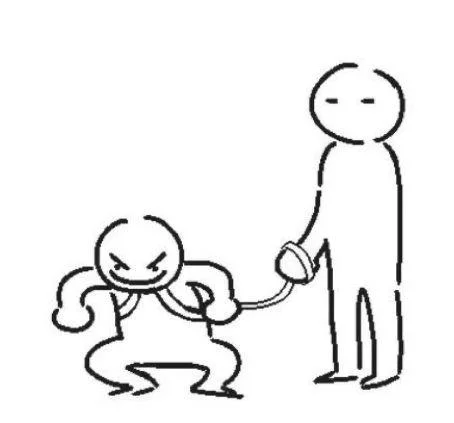 Person On Leash — Lower-resolution redraw of the person-on-leash template with a calm figure holding a leash on a smaller feral figure.