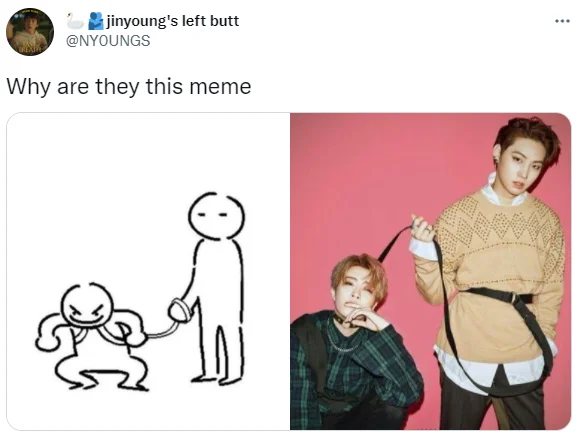 Person On Leash — Tweet comparing the person-on-leash meme to a photo of two K-pop idols, one holding a strap attached to the other.