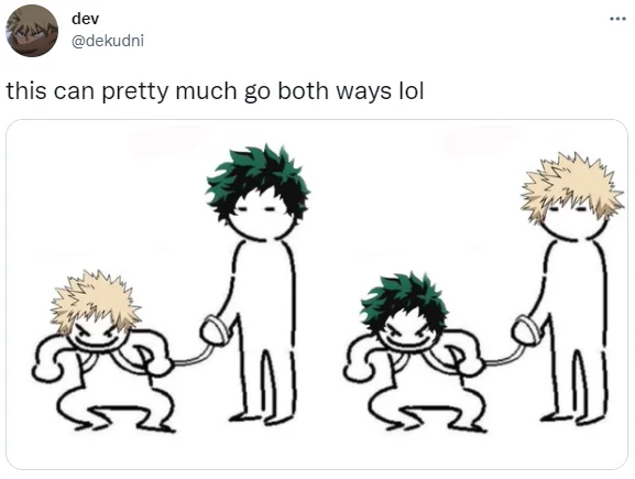 Person On Leash — Tweet showing two My Hero Academia versions of the leash meme, swapping Deku and Bakugo as handler and gremlin.