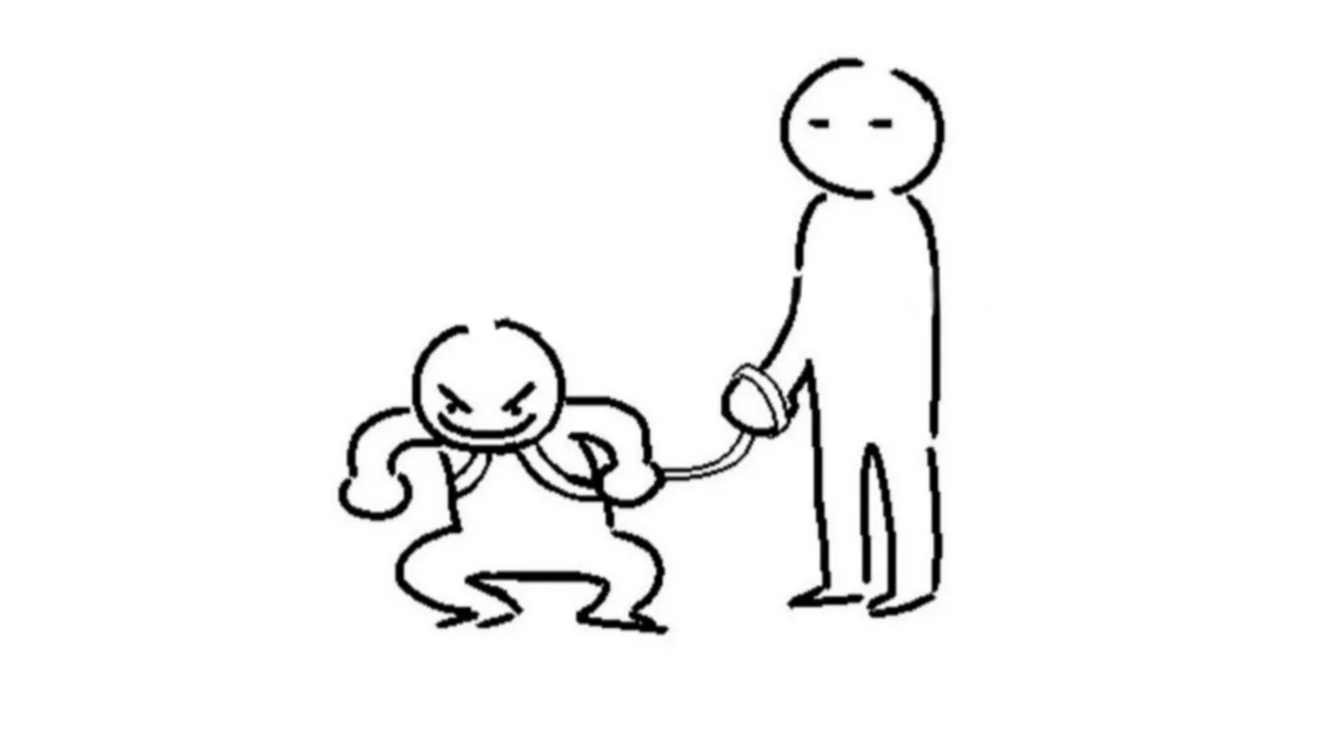 Person On Leash — Line drawing of a calm stick-figure person holding a leash connected to a smaller feral crouching figure with pigtails.
