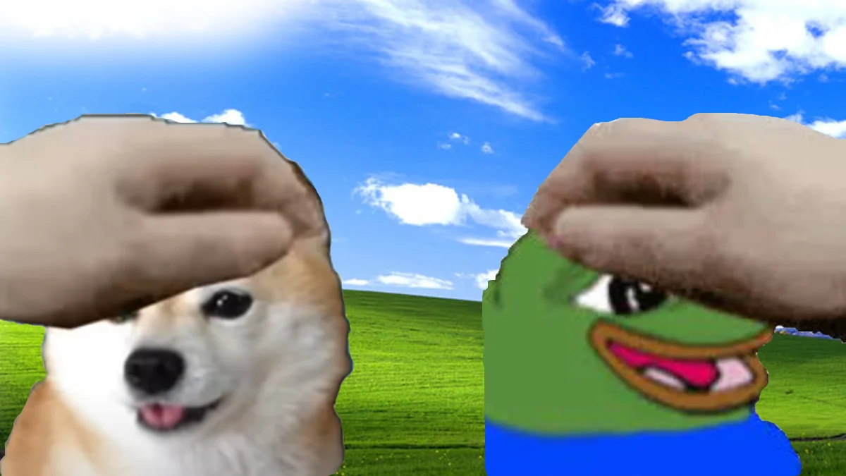 Pet the X — Doge and Pepe the Frog being petted by hands over a Windows XP green hills background