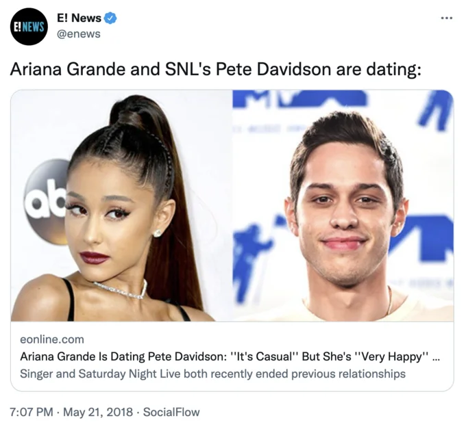 Pete Davidson Dating Up — E! News tweet announcing Ariana Grande and Pete Davidson are dating.