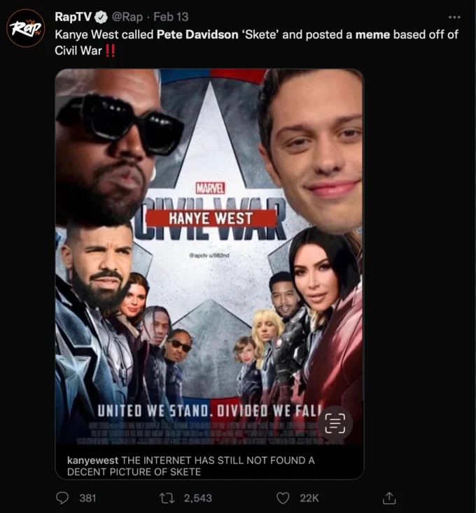 Tweet about Kanye West's Civil War movie poster meme mocking Pete Davidson as 'Skete'
