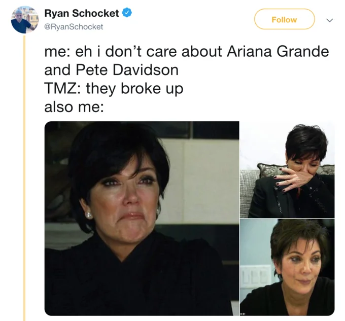 Tweet with crying Kris Jenner images reacting to the Ariana Grande and Pete Davidson breakup