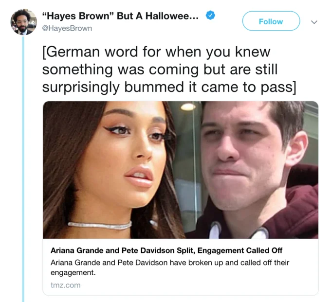 Tweet sharing TMZ headline about Ariana Grande and Pete Davidson calling off their engagement