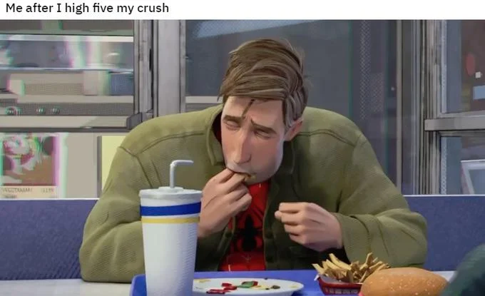 Peter B. Parker Sucking Fingers — Peter B. Parker sucking his fingers with 'me after I high five my crush' caption