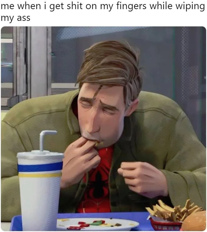 Peter B. Parker sucking fingers meme with crude bathroom-humor caption