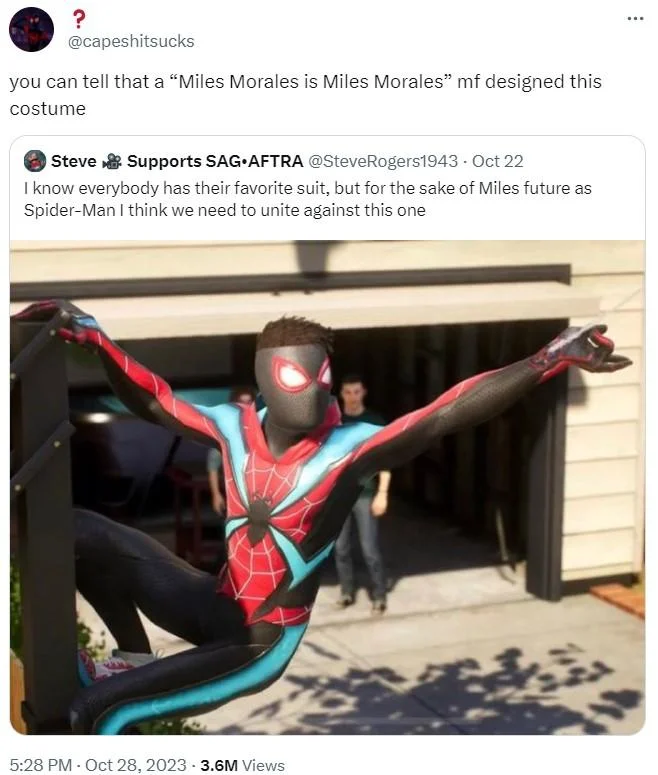 Peter Parker Is Spider Man Miles Morales Is Miles Morales — capeshitsucks quote-tweet applying the phrase as an insult about a Miles Morales crossover suit