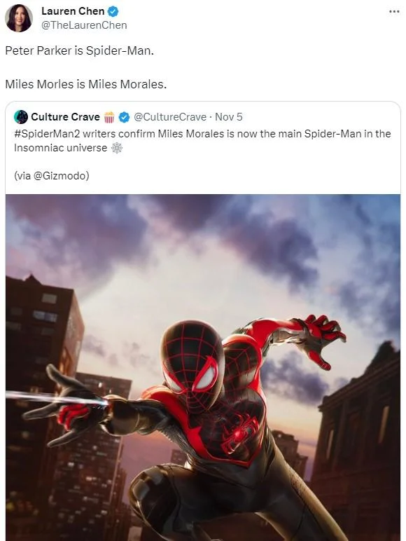 Peter Parker Is Spider Man Miles Morales Is Miles Morales — Lauren Chen tweet repeating the phrase in response to Spider-Man 2 casting news, with Miles Morales