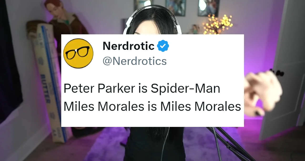 Peter Parker Is Spider Man Miles Morales Is Miles Morales — Nerdrotic tweet overlay reading 'Peter Parker is Spider-Man, Miles Morales is Miles Morales' on