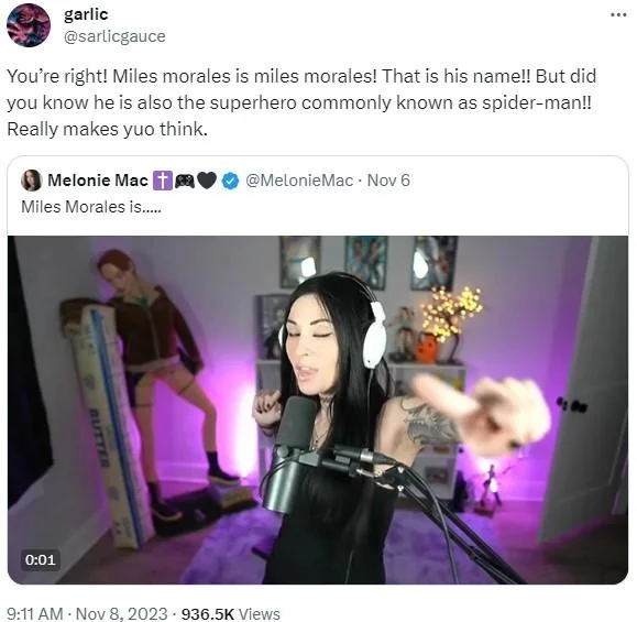 Peter Parker Is Spider Man Miles Morales Is Miles Morales — sarlicgauce sarcastic reply above Melonie Mac 'Miles Morales is...' video tweet