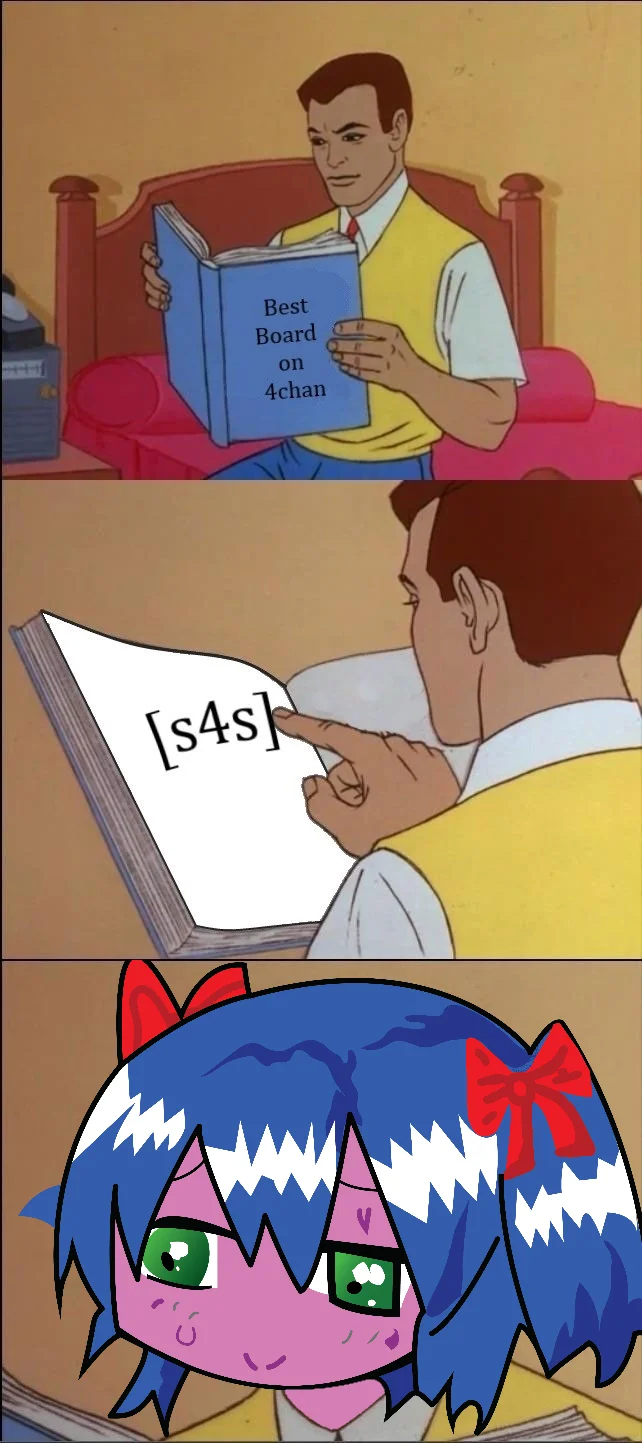 Peter Parker Reading a Book — Peter Parker meme with 'Best Board on 4chan' book, '[s4s]' page, and the /s4s/ anime mascot as the reaction.