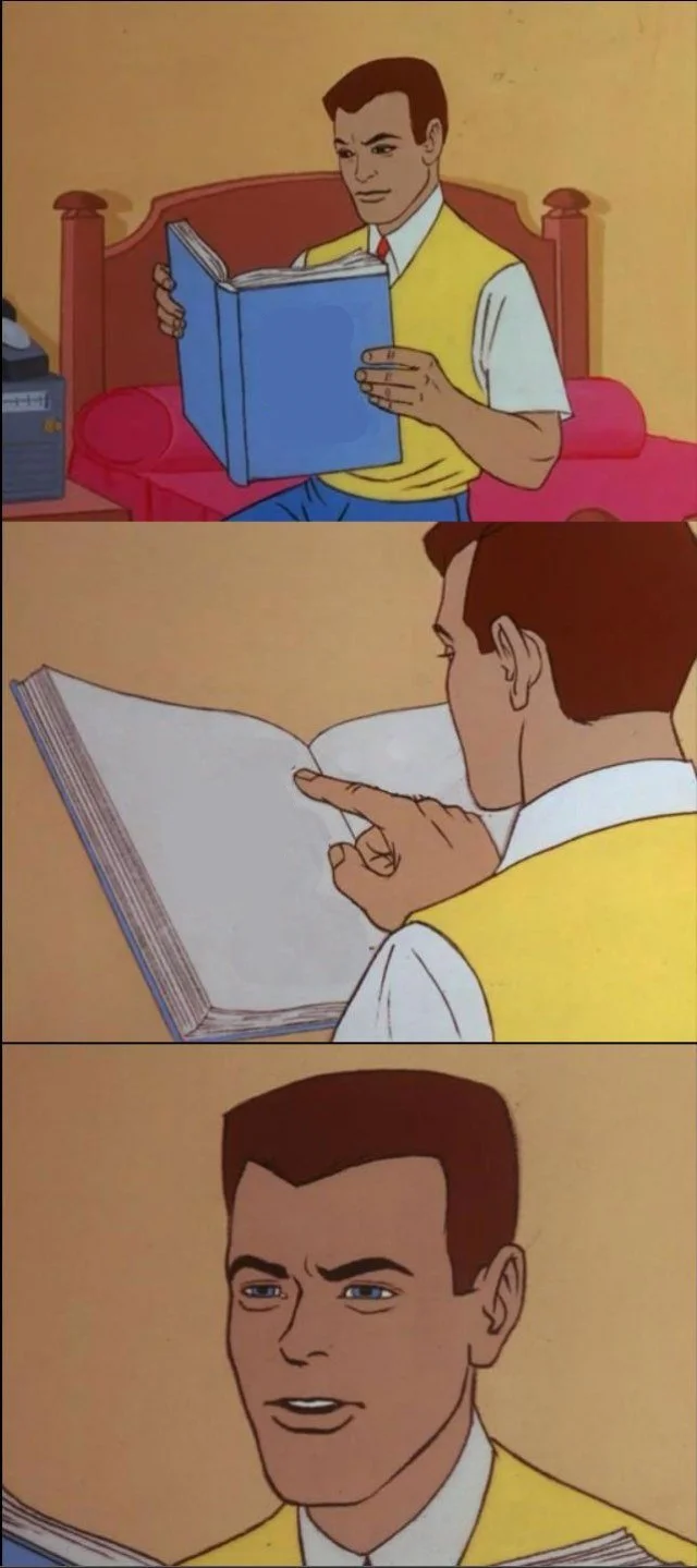 Blank three-panel Peter Parker reading a book meme template with an empty book, empty page, and reaction shot.