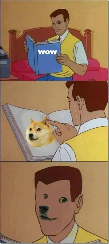 Peter Parker reading a book meme crossed over with Doge, showing 'wow' on the book and Doge face on the page and in the reaction panel.