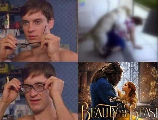 Peter Parkers Glasses — A Peter Parker's Glasses meme showing a blurry altercation scene without glasses, revealing the Disney Beauty and the Beast poster with