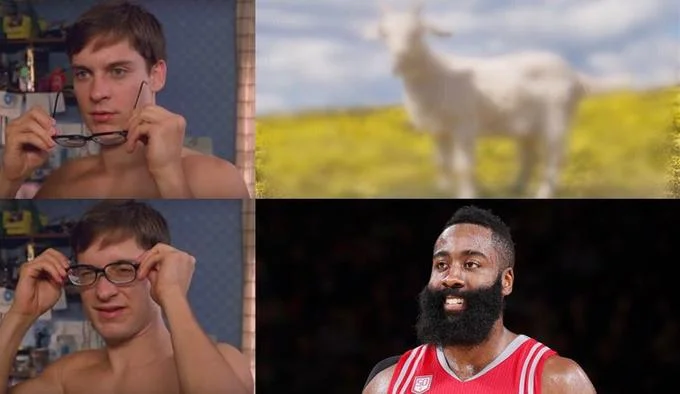 Peter Parkers Glasses — A Peter Parker's Glasses meme showing a blurry white goat in a field without glasses, revealing James Harden in his Rockets jersey with