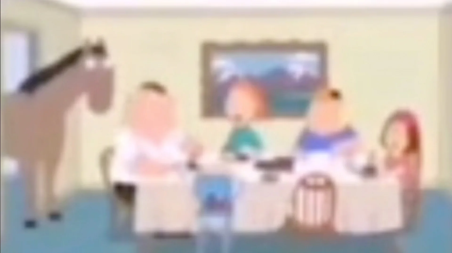 Peter The Horse Is Here — Blurry Family Guy dining room scene with a horse standing behind the family at the table