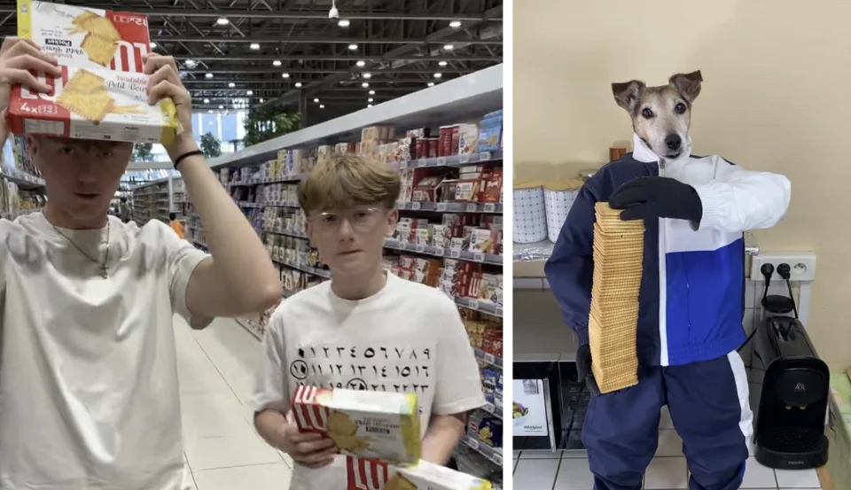 "Petit Beurre" by L'UNIVEUW — Split image of two teens holding LU Petit Beurre boxes in a store and a dog in a tracksuit holding a stack of biscuits