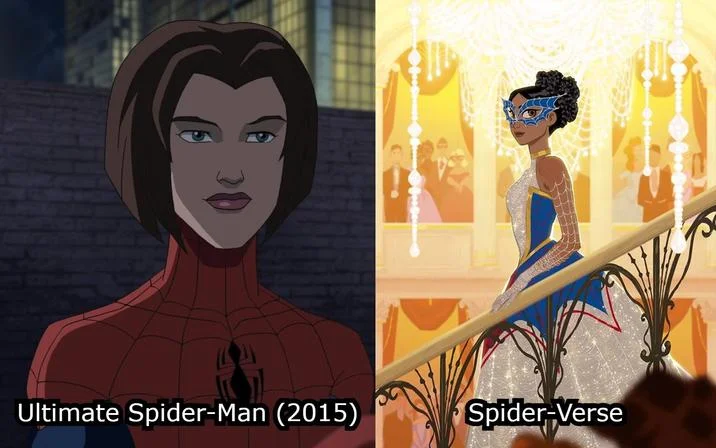 Petra Parker — Side-by-side comparison of female Spider-Man from Ultimate Spider-Man 2015 and Spider-Verse