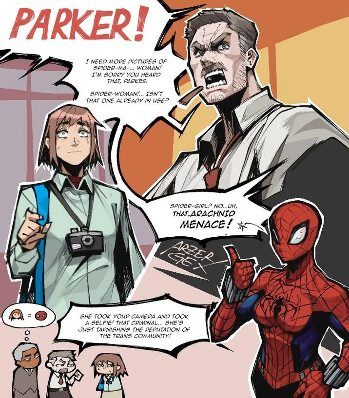 Comic of J. Jonah Jameson shouting at Petra Parker about photos of the female Spider-Woman
