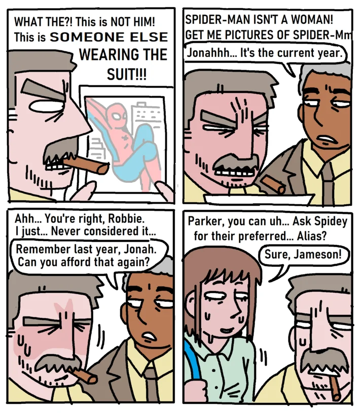 Petra Parker — Four-panel comic of J. Jonah Jameson being told to ask Spider-Man for their preferred alias