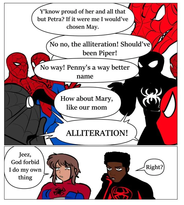 Fan art of Petra Parker in Spider-Man suit dealing with dysphoria and confirming her name to Jameson