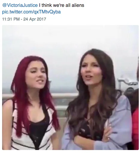 Petty Victoria Justice — April 2017 tweet to Victoria Justice saying 'I think we're all aliens' with the meme image.