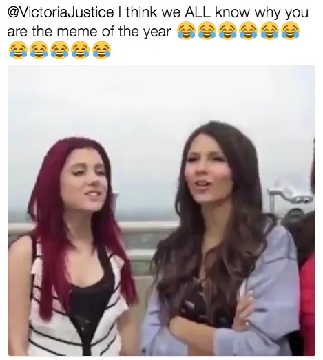 Petty Victoria Justice — Tweet addressed to Victoria Justice calling her the meme of the year, with laughing emojis.