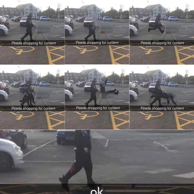 PewDiePie Shopping — PewDiePie leaping mid-air with shopping cart captioned Pewds shopping for content